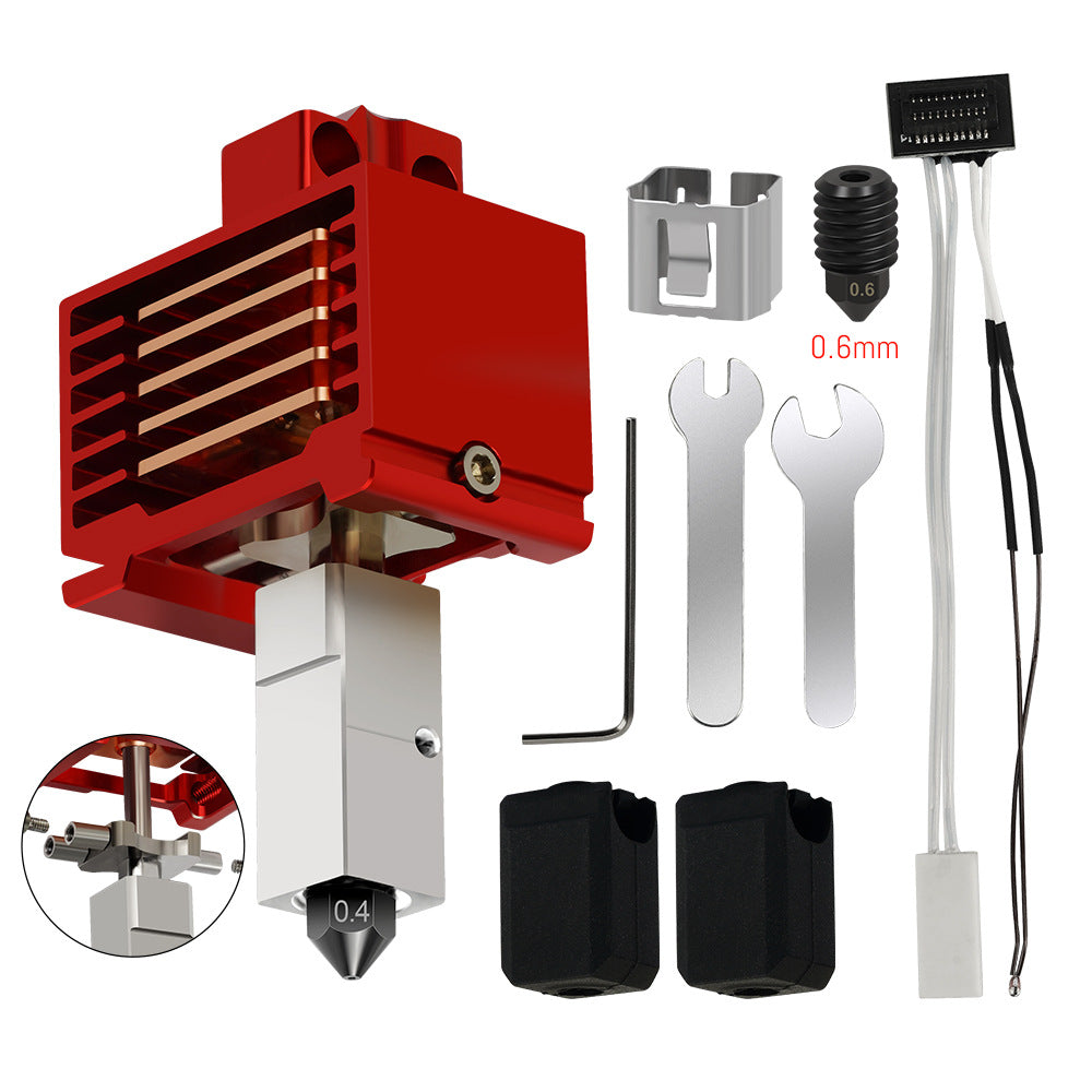 Introducing the Bambu Lab 30 Upgraded Hotend for P1 Series 350°C from 3D Printing Perth - Cirrus Link, a red extruder kit complete with a nozzle, wrench, Allen key, and cables. Enhance your 3D printer setup with this advanced technology offering high performance of up to 35mm³/s.