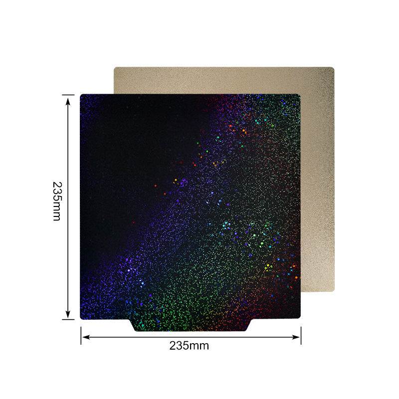 The Dual-Sided PEI/PEY Build Plate Reflective Finish (No Magnet Base) from 3D Printing Perth - Cirrus Link includes two 235mm x 235mm square plates—one black with a colorful speckled pattern and one plain gold, each shown with measurement labels.