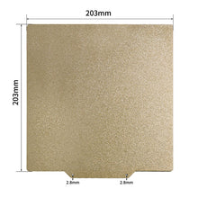 Introducing the Cirrus Link Double Side Coated PEI Hot Bed Platform with Magnetic Base, a versatile and durable gold metal plate. It features a grainy texture, measures 203mm by 203mm, and is designed with dual-sided coating for high-temperature resistance. Two 2.8mm wide notches at the bottom enhance its adaptability for various applications within 3D printing solutions.