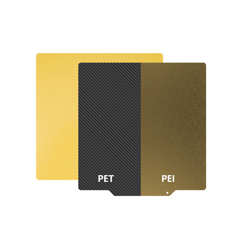 Two square base plates from the 3D Printing Perth - Cirrus Link PEI PET Bed Platform Steel Sheet Magnetic Base, featuring distinct textures labeled as PET and PEI, are displayed side by side against a plain background. Their adhesion properties improve printing precision when utilized with the magnetic steel sheet.