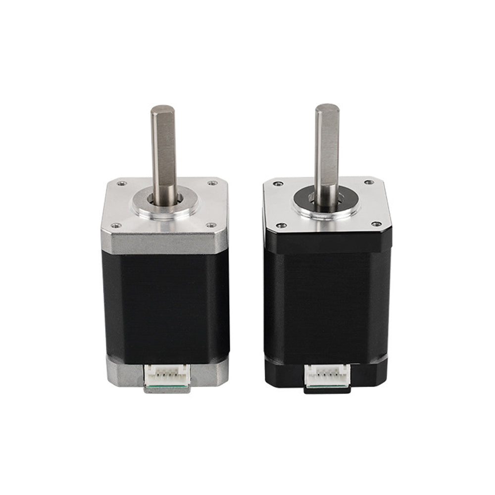 Two high-performance 42 Stepper Motors, 60mm tall with a 1.8-degree step angle, from 3D Printing Perth - Cirrus Link, featuring black and silver design and metal shafts, stand upright on a white background. Perfect for enhancing the precision of your 3D printers.