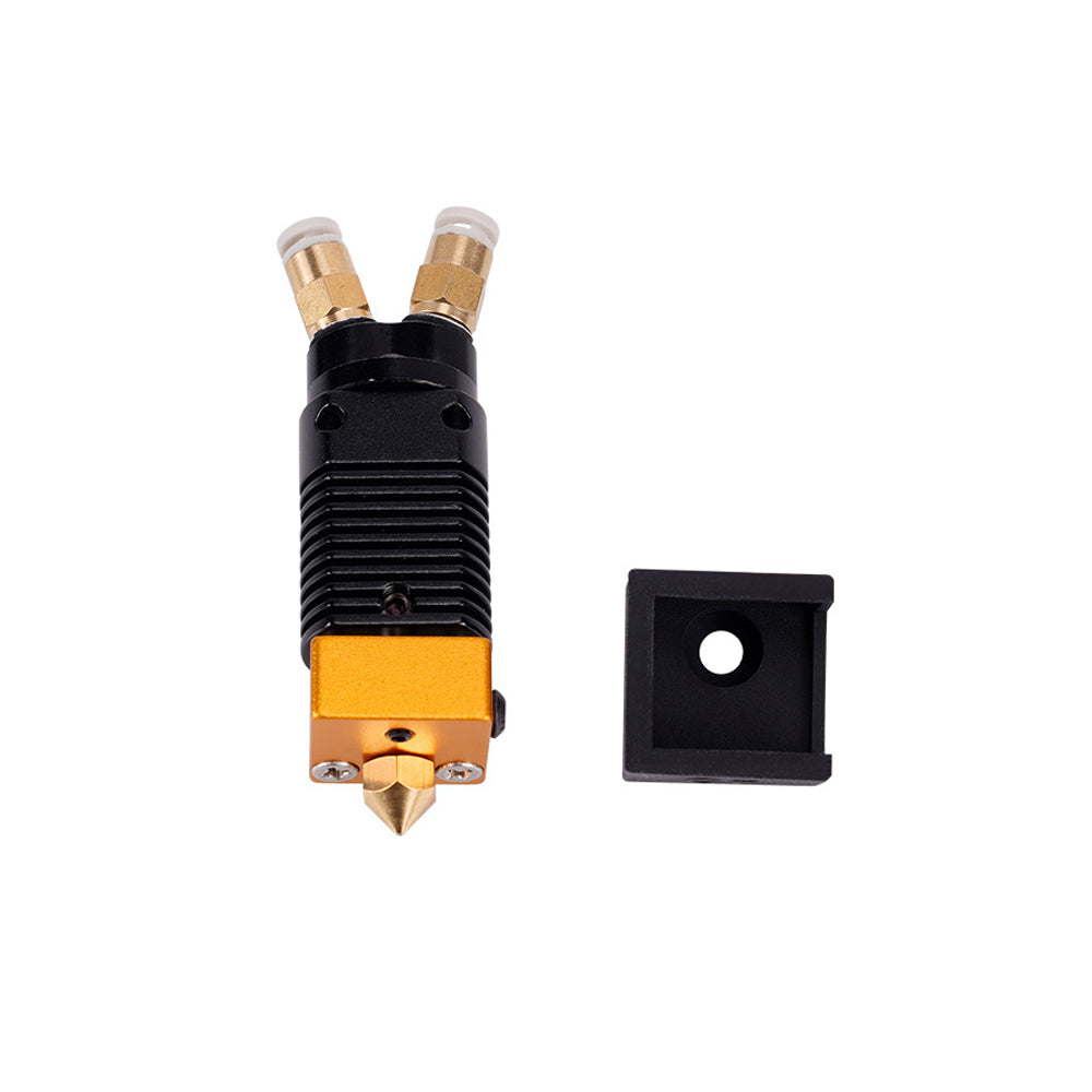 Two Color 2 in 1 Out Mixing Extruder for CR10 and Ender 3 by 3D Printing Perth - Cirrus Link, featuring a dual inlet design for multi-color printing and includes a black mount, all set against a white background.