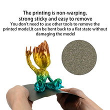 A hand bends the ASR Bambu Lab A1 Mini Steel Sheet Bed Platform (184x184mm, double side coated PEI PEO PET, color changing) to remove a 3D-printed Groot, with a close-up of its textured surface and explanatory text above.