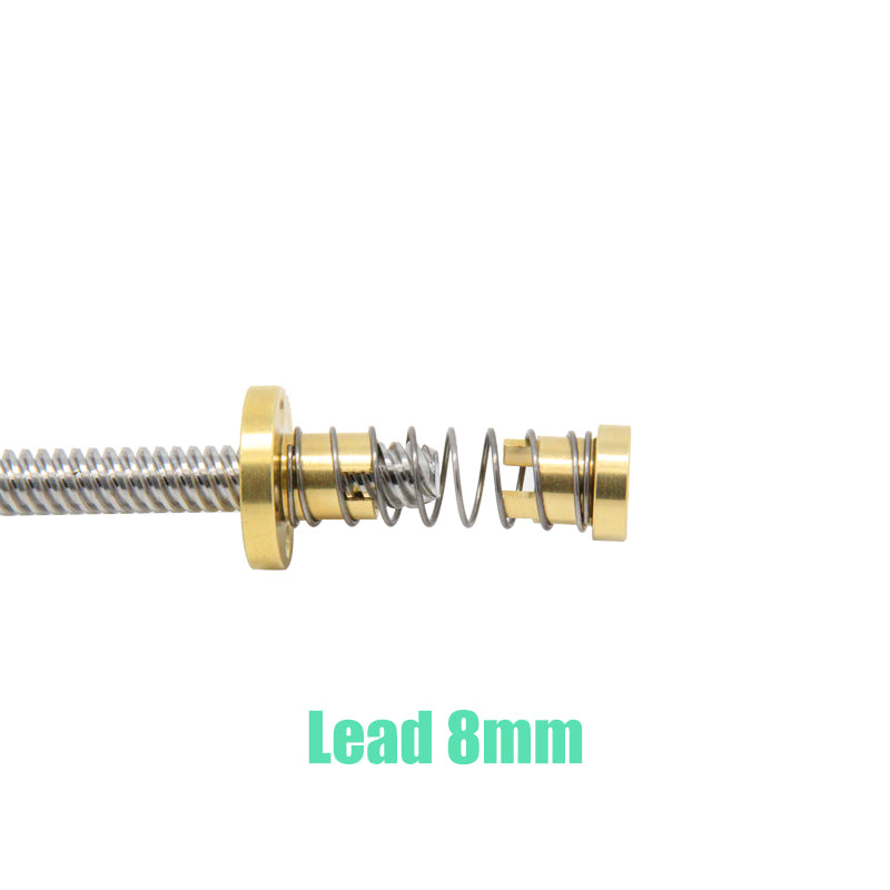 Close-up of an ASR T8 Brass Flexible Nut – H-Type Brass Lead Nut for Z-Axis Elevation, featuring a metal lead screw, two gold-toned parts, and a spring. "Lead 8mm" appears in green text at the bottom.