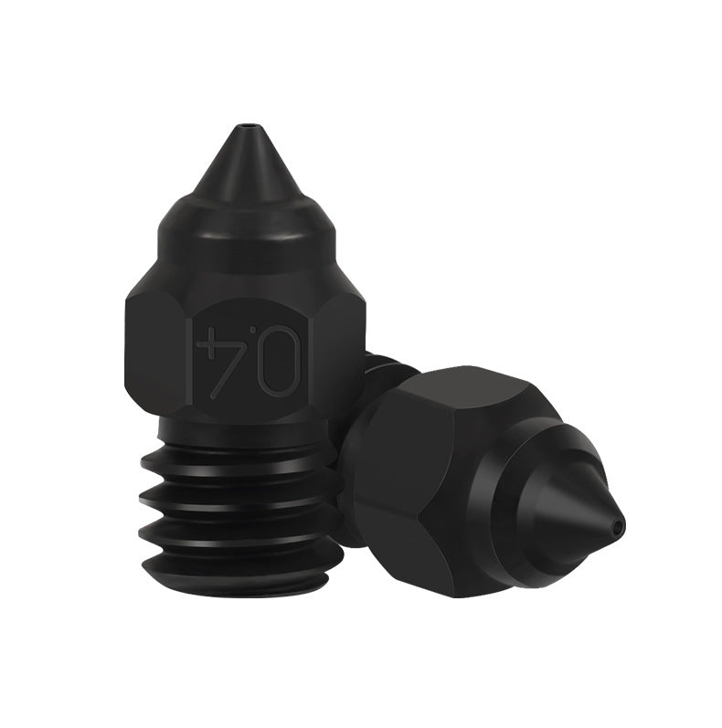 Two black 3D Printing Perth - Cirrus Link nozzles, designed for precision and durability, are shown with one upright and the other lying down. Compatible with Hardened die steel Nozzle for Creality Ender-3 CR-6 standards, they offer exceptional performance in your 3D printing projects.