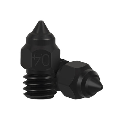 Two black 3D Printing Perth - Cirrus Link nozzles, designed for precision and durability, are shown with one upright and the other lying down. Compatible with Hardened die steel Nozzle for Creality Ender-3 CR-6 standards, they offer exceptional performance in your 3D printing projects.