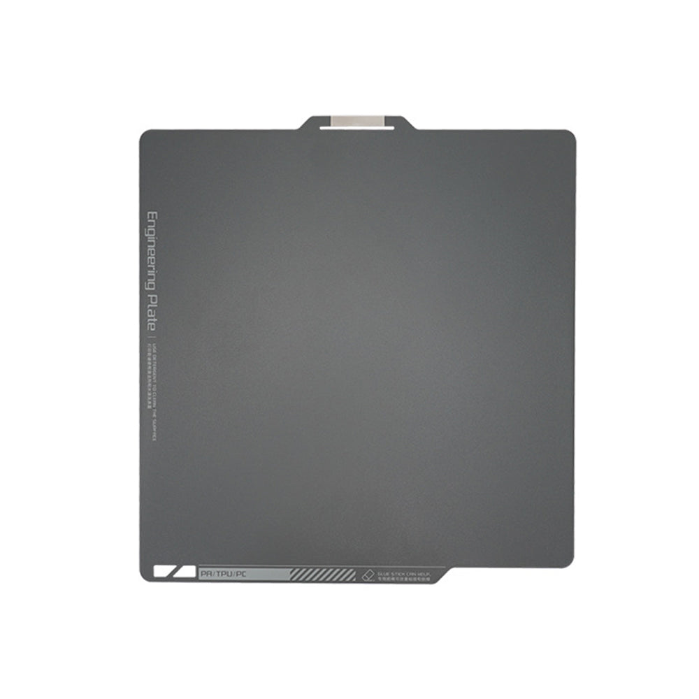 The Bambu Lab X1 Magnetic Steel 268*258mm Print Surface by 3D Printing Perth - Cirrus Link is made of magnetic steel film and has a dark gray surface with white text on the left edge.