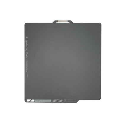 The Bambu Lab X1 Magnetic Steel 268*258mm Print Surface by 3D Printing Perth - Cirrus Link is made of magnetic steel film and has a dark gray surface with white text on the left edge.