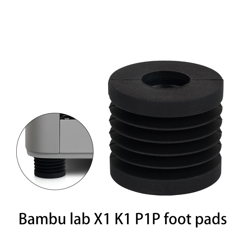 Shock-absorbing foot pads for the Bambu Lab X1C P1P Extruder V2.0 with Hardened Steel Hot End Upgrade by 3D Printing Perth - Cirrus Link, featuring a main image of a black rubber pad and an inset showing it stabilizing a 3D printer while reducing vibration.