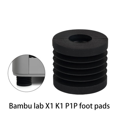 Shock-absorbing foot pads for the Bambu Lab X1C P1P Extruder V2.0 with Hardened Steel Hot End Upgrade by 3D Printing Perth - Cirrus Link, featuring a main image of a black rubber pad and an inset showing it stabilizing a 3D printer while reducing vibration.