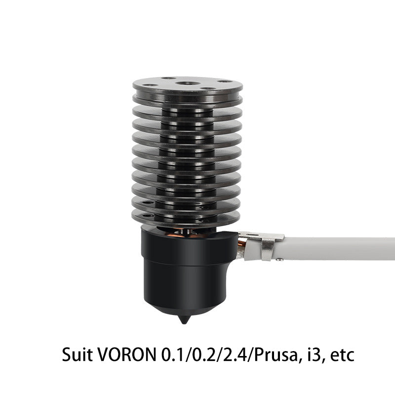 Close-up of a metal 3D printer extruder hotend compatible with VORON and Prusa models, featuring a ribbed heatsink and attached cable. Outfitted with the 3D Printing Perth - Cirrus Link V6 Voron 24V Ceramic Kit for Voron 0, 1, 2.2,4 Prusa i3, it ensures efficient heating for optimal 3D printing performance.