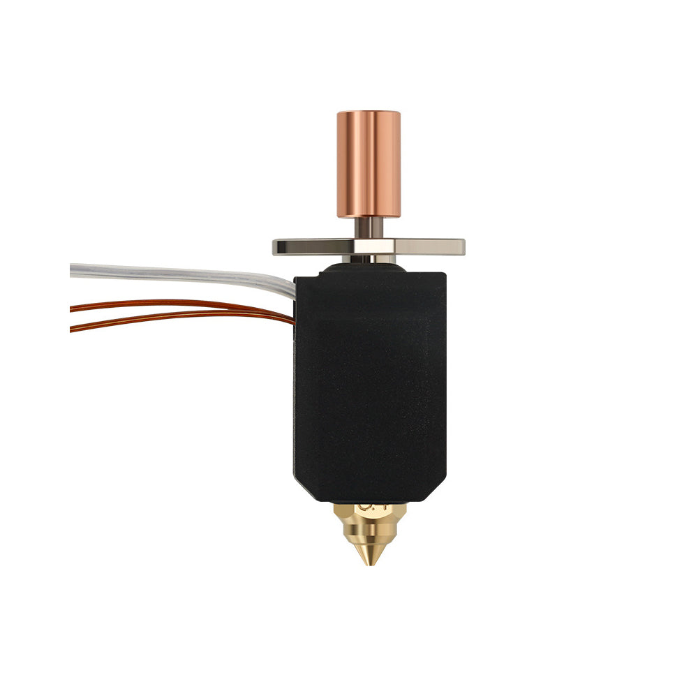 Close-up of a 3D printer extruder nozzle encased in black, with attached wires, showcasing a brass tip and a copper heat sink on top. This highlights its high-temperature capability with the K1 K1 Max Ceramic Heater Upgrade Hot End Kit by 3D Printing Perth - Cirrus Link, boasting a temperature capacity of up to 550 degrees Celsius and a 50% increase in flow rate.