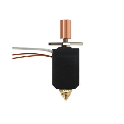 Close-up of a 3D printer extruder nozzle encased in black, with attached wires, showcasing a brass tip and a copper heat sink on top. This highlights its high-temperature capability with the K1 K1 Max Ceramic Heater Upgrade Hot End Kit by 3D Printing Perth - Cirrus Link, boasting a temperature capacity of up to 550 degrees Celsius and a 50% increase in flow rate.