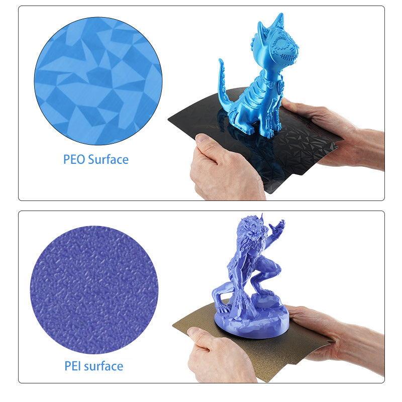 Hands showcasing two blue 3D-printed models, crafted on a variety of textured surfaces. These models are labeled PEO and PEI, highlighting the adhesion strength and effortless print removal provided by the PEI PEO Dual-Sided 3D Printer Build Surface with Textured Base from 3D Printing Perth - Cirrus Link.