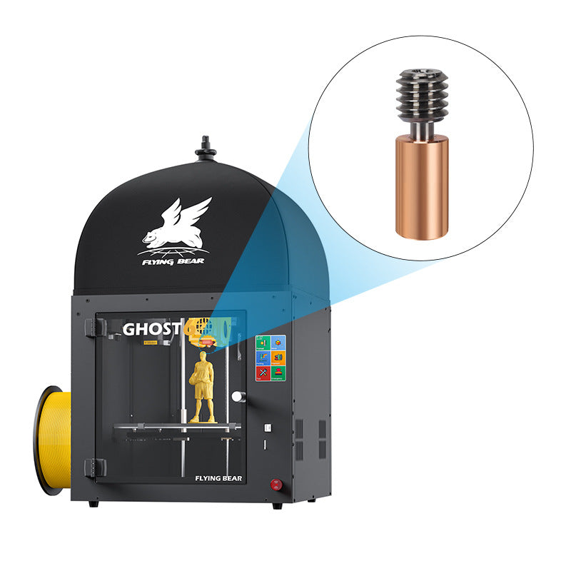 The 3D Printing Perth - Cirrus Link's Flying Bear Ghost 5/6 features "FLYING BEAR" on top and "GHOST" in front, symbolizing cutting-edge printing. A filament spool sits left as a close-up reveals its titanium red copper throat with M6 thread for accuracy and durability.