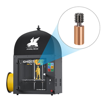 The 3D Printing Perth - Cirrus Link's Flying Bear Ghost 5/6 features "FLYING BEAR" on top and "GHOST" in front, symbolizing cutting-edge printing. A filament spool sits left as a close-up reveals its titanium red copper throat with M6 thread for accuracy and durability.