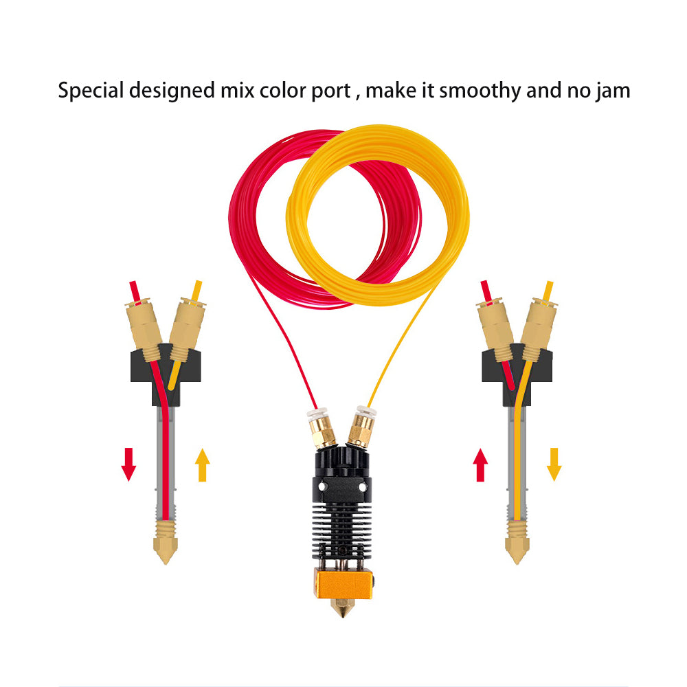 Diagram of a 3D printer hotend featuring the Two Color 2 in 1 Out Mixing Extruder for CR10 and Ender 3 by 3D Printing Perth - Cirrus Link, demonstrating red and yellow filaments. It highlights dual filament inputs with arrows indicating the flow towards the nozzle for vibrant multi-color prints.