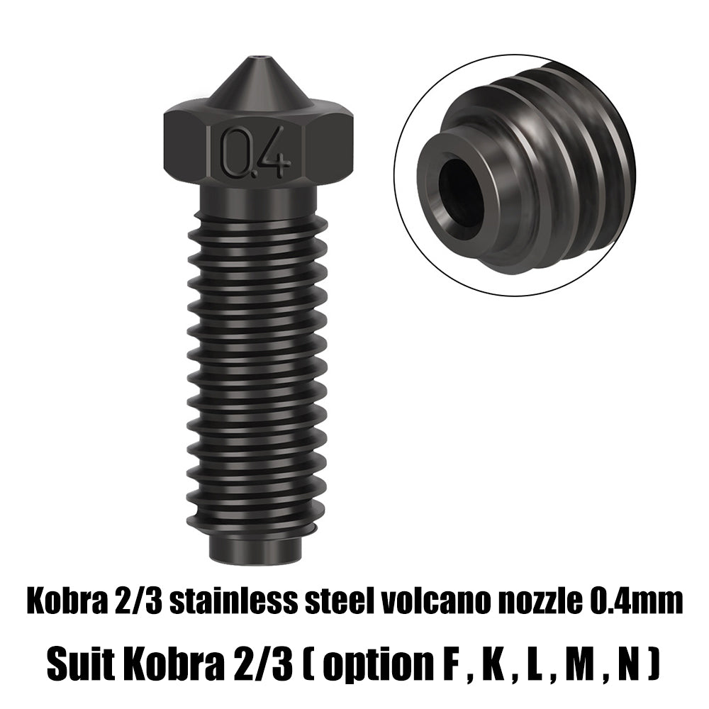 Image of a hardened die steel 0.4mm nozzle with heat sink by 3D Printing Perth - Cirrus Link, compatible with Anycubic Kobra 3 printers, options F, K, L, M, and N for precise 3D prints.