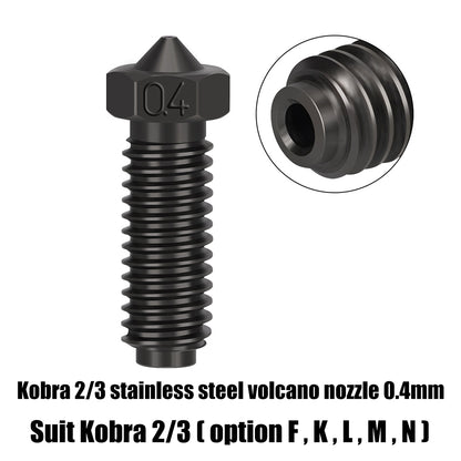 Image of a hardened die steel 0.4mm nozzle with heat sink by 3D Printing Perth - Cirrus Link, compatible with Anycubic Kobra 3 printers, options F, K, L, M, and N for precise 3D prints.