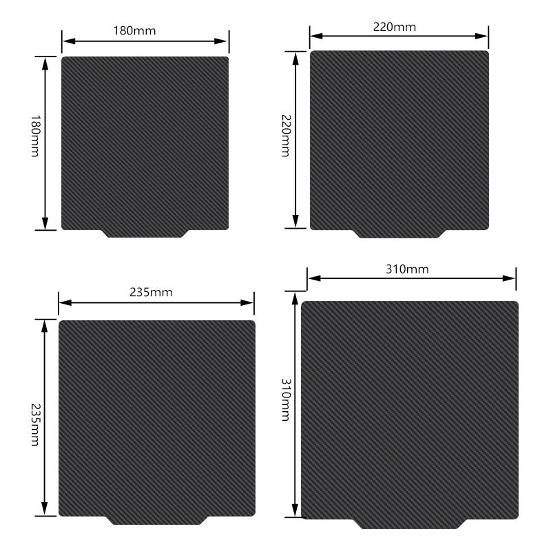 Four PEI PET Bed Platform Steel Sheets from 3D Printing Perth - Cirrus Link, reminiscent of a sleek magnetic base, are available in dimensions: 180x180mm, 220x220mm, 235x235mm, and 310x310mm.