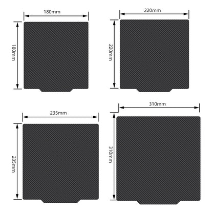 Four PEI PET Bed Platform Steel Sheets from 3D Printing Perth - Cirrus Link, reminiscent of a sleek magnetic base, are available in dimensions: 180x180mm, 220x220mm, 235x235mm, and 310x310mm.
