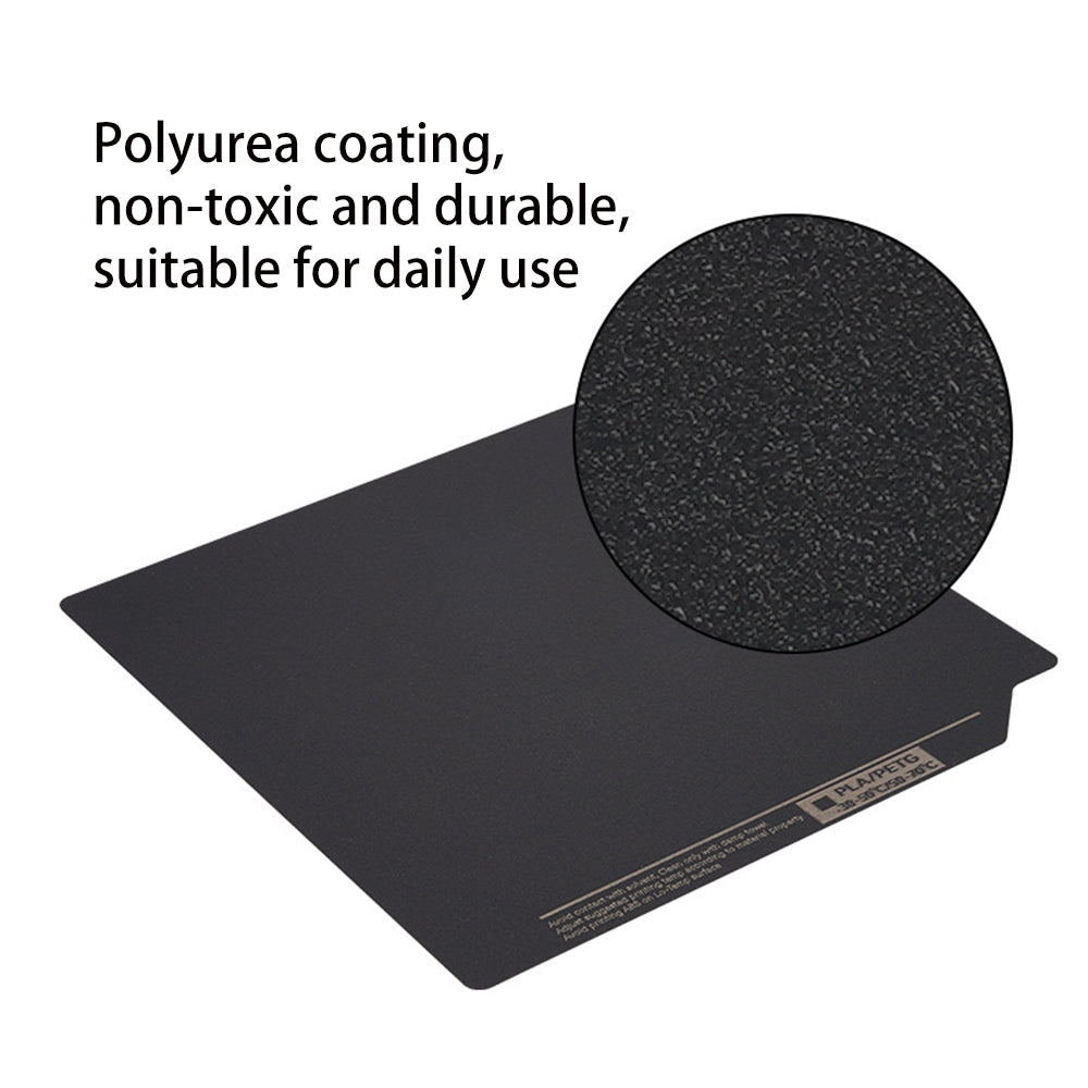 The black rectangular Polyurea Hot Bed Platform from 3D Printing Perth - Cirrus Link measures 310*315mm and is double-side coated, featuring a textured surface that is non-toxic and durable—perfect for enhancing the Creality K1 Max 3D printing experience with materials like PLA, PETG, and ABS.