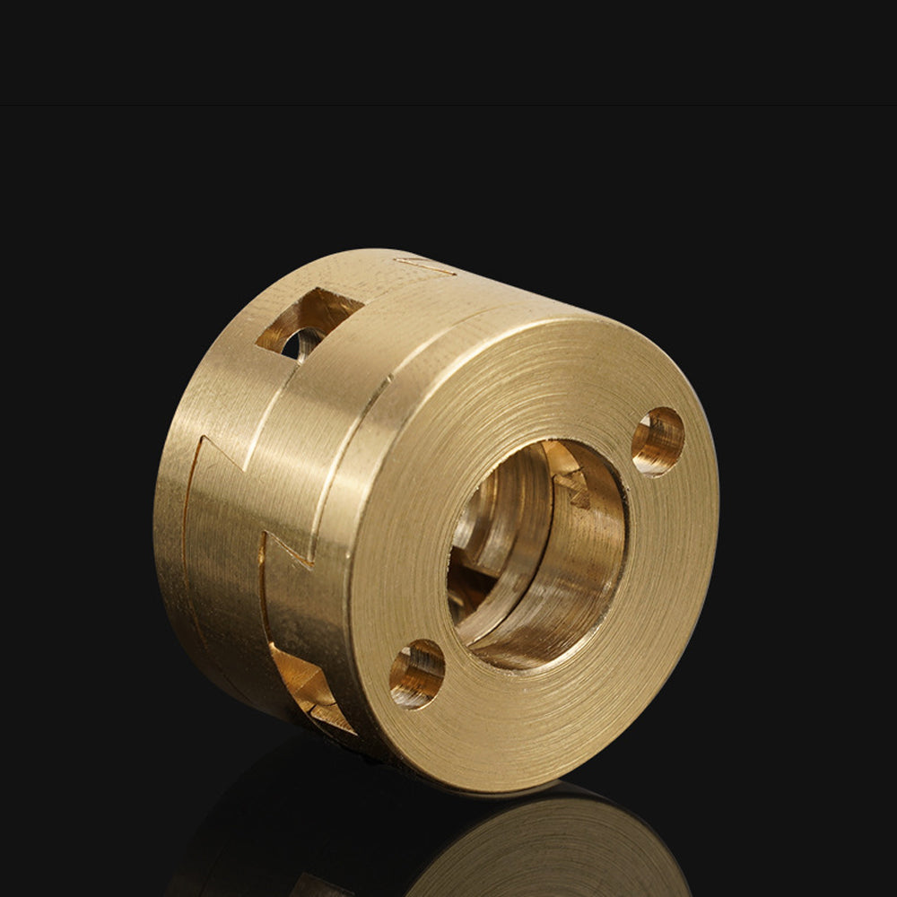 A machined brass Oldham Coupler and T8 Z-Axis Screw Upgrade by 3D Printing Perth - Cirrus Link for Ender 3 BLV Correction, featuring three bolt holes and precision grooves, photographed on a black background.