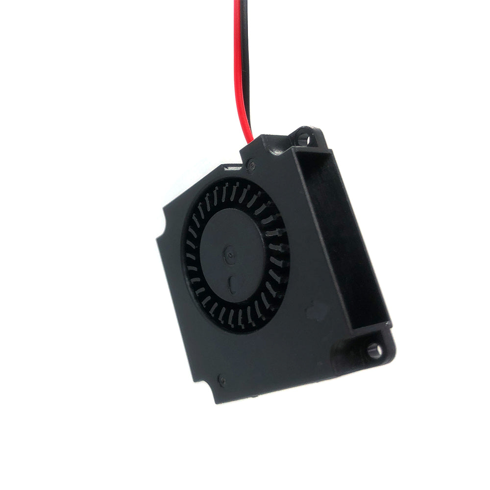 Side view of the Turbo Fan 4010 24V from 3D Printing Perth - Cirrus Link, showcasing its black cooling blower design with red and black wires. Ideal for 3D printing configurations, its dual ball bearing guarantees efficient and reliable performance.