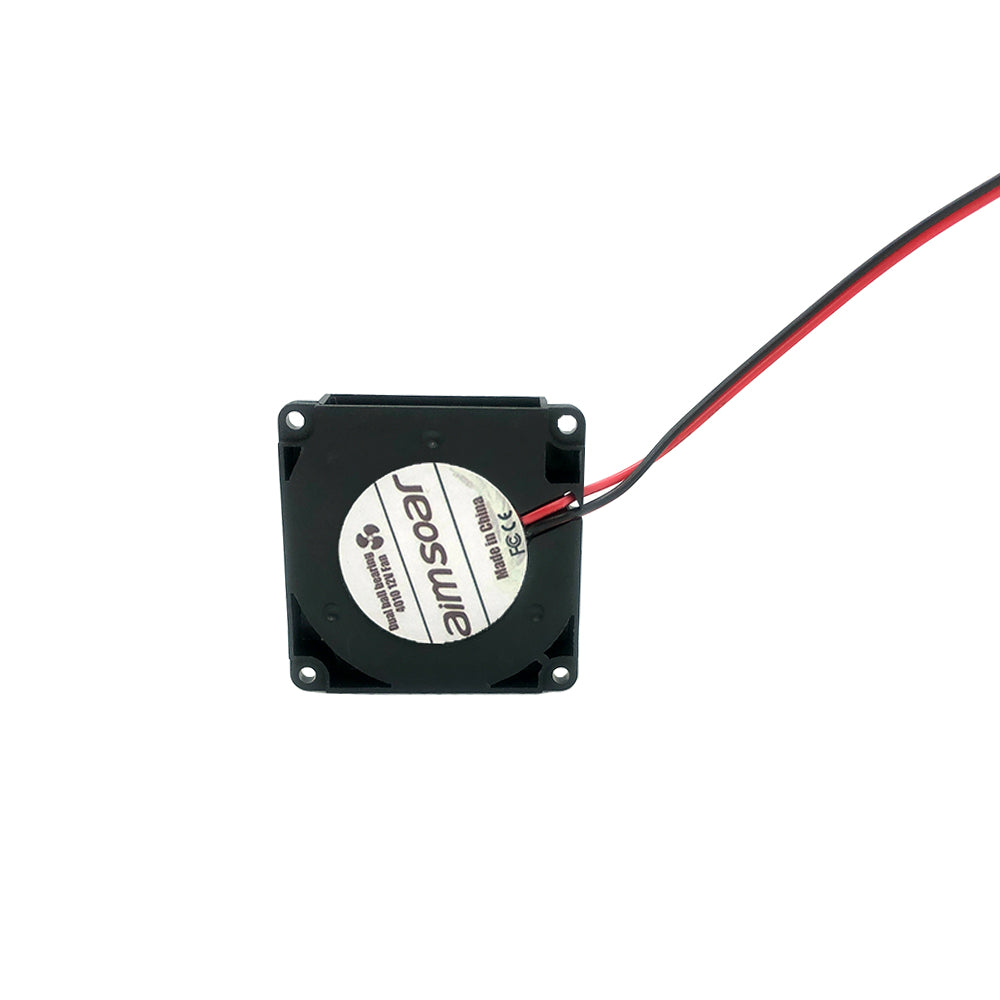 The Turbo Fan 4010 12V from 3D Printing Perth - Cirrus Link is a square black cooling fan with dual ball bearings and red and black wires. It features a central label with text and is perfect for efficient 3D printing cooling.