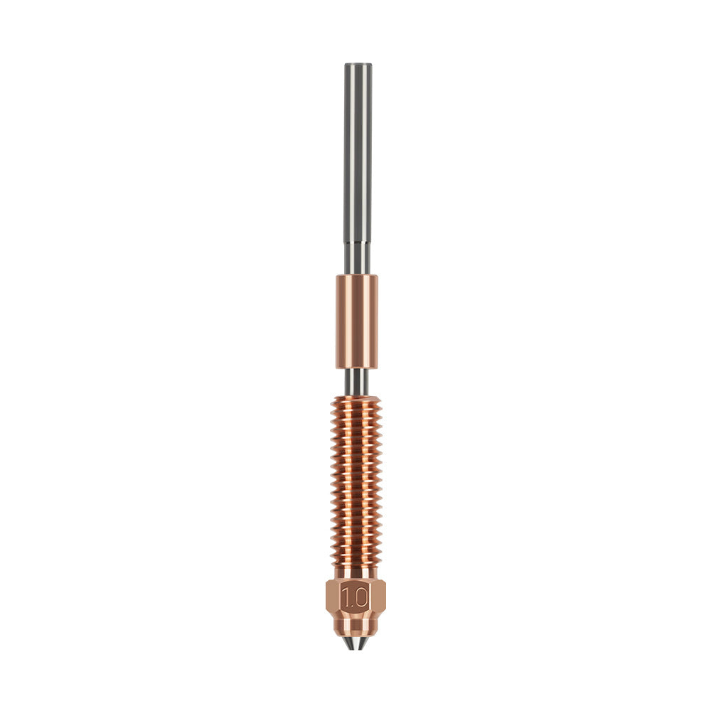 The Ender 3 V3 K1C K1 Max Nozzle Nickel Plated by 3D Printing Perth - Cirrus Link is a metal nozzle with a long shaft, featuring a copper color and threaded section near the base, designed to ensure high-quality results in 3D printing projects.