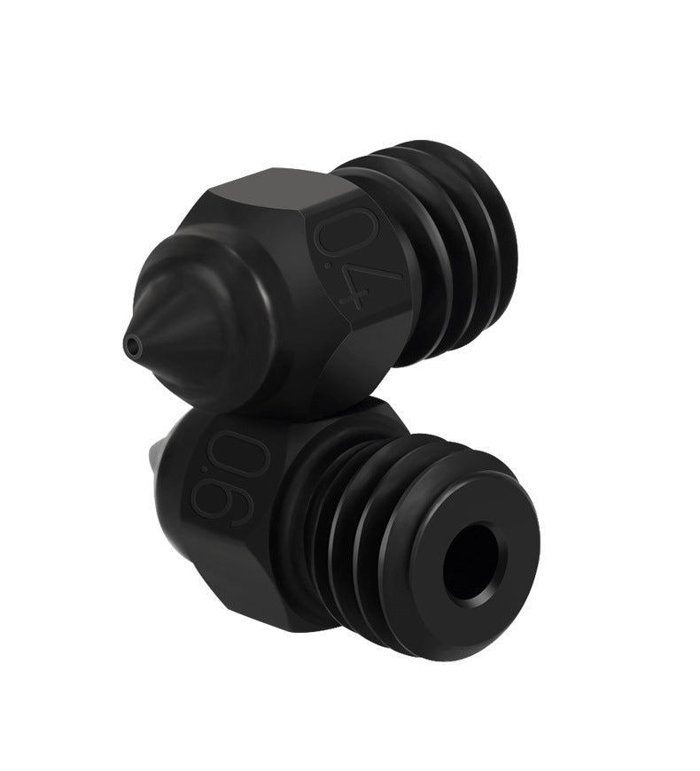 Two black metal nozzles with threaded ends, designed for precision and durability, are positioned diagonally against a white background. The Hardened die steel Nozzle from 3D Printing Perth - Cirrus Link ensures reliable performance for the Creality Ender-3 CR-6.