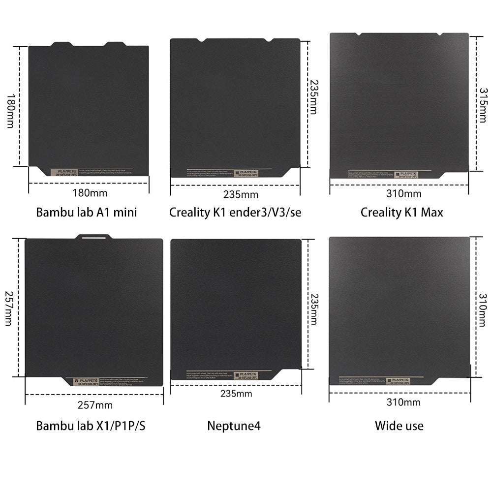 Chart illustrating six types of 3D printer build plates, featuring the Polyurea Hot Bed Platform with dimensions of 310*315 mm. It's double-side coated and suitable for Creality K1 Max models. The compatible models include Bambu Lab A1 mini, Creality K1, Creality K1 Max, Bambu Lab X1/P1P/S, Neptune4, and those with wide usage. Ideal for 3D printing enthusiasts who prioritize precise specifications. Offered by the brand: 3D Printing Perth - Cirrus Link.