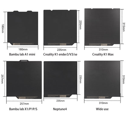 Chart illustrating six types of 3D printer build plates, featuring the Polyurea Hot Bed Platform with dimensions of 310*315 mm. It's double-side coated and suitable for Creality K1 Max models. The compatible models include Bambu Lab A1 mini, Creality K1, Creality K1 Max, Bambu Lab X1/P1P/S, Neptune4, and those with wide usage. Ideal for 3D printing enthusiasts who prioritize precise specifications. Offered by the brand: 3D Printing Perth - Cirrus Link.