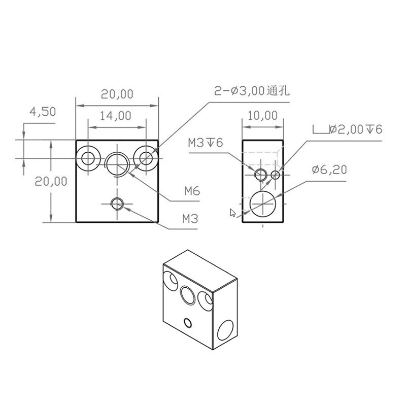 The technical drawing showcases a CNC CR10/Ender 3 Heat Block from 3D Printing Perth - Cirrus Link, featuring multiple circular holes with labeled dimensions including M3 and M6 sizes. The isometric view highlights compatibility with CR10/Ender 3 printers for seamless integration and precision design.