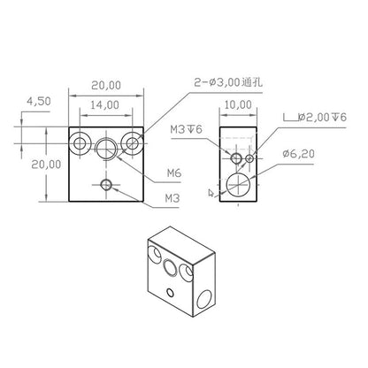 The technical drawing showcases a CNC CR10/Ender 3 Heat Block from 3D Printing Perth - Cirrus Link, featuring multiple circular holes with labeled dimensions including M3 and M6 sizes. The isometric view highlights compatibility with CR10/Ender 3 printers for seamless integration and precision design.