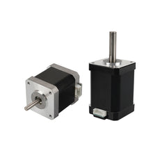 Two silver 42 stepper motors, 60mm in height, from 3D Printing Perth - Cirrus Link, with a 1.8-degree step angle and cable, stand upright and tilted against a white background, perfect for enhancing precision in 3D printers.