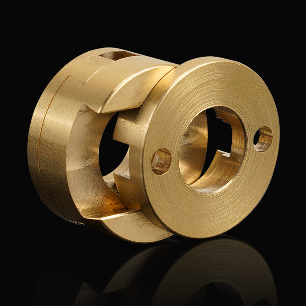 The 3D Printing Perth - Cirrus Link Oldham Coupler and T8 Z-Axis Screw Upgrade for Ender 3 BLV Correction features a precision-machined brass design with interlocking parts, ideal for 3D printers, shown against a black background.