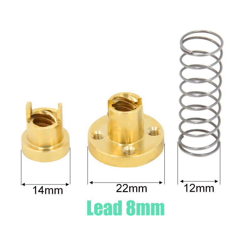 Three mechanical parts: a 14mm ASR T8 Brass Flexible Nut (H-Type) for Z-Axis, a 22mm T8 flexible nut, and a 12mm metal spring. Text reads "Lead 8mm.