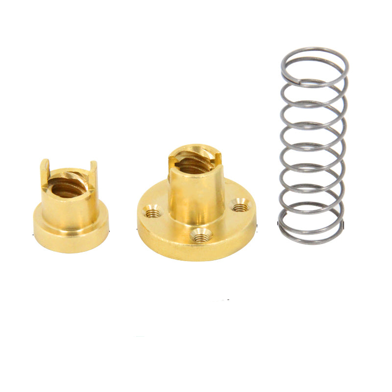 Two brass components and a metal spring with dimensions labeled on a white background.