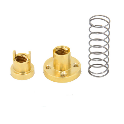 Two brass components and a metal spring with dimensions labeled on a white background.