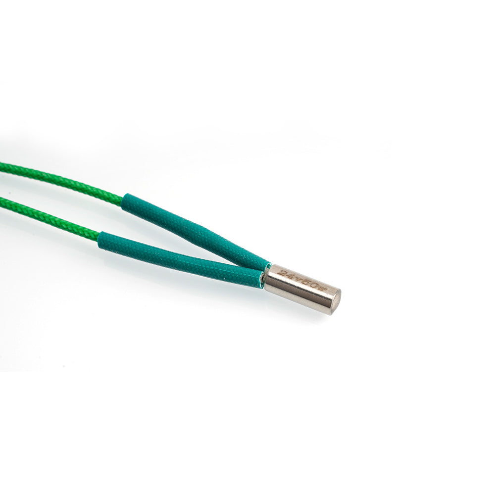 A close-up of a green wire with a metallic cylindrical sensor, resembling the Voron Green 24V 50W/65W 15cm Heating Rod for 3D printers by 3D Printing Perth - Cirrus Link, set against a white background.