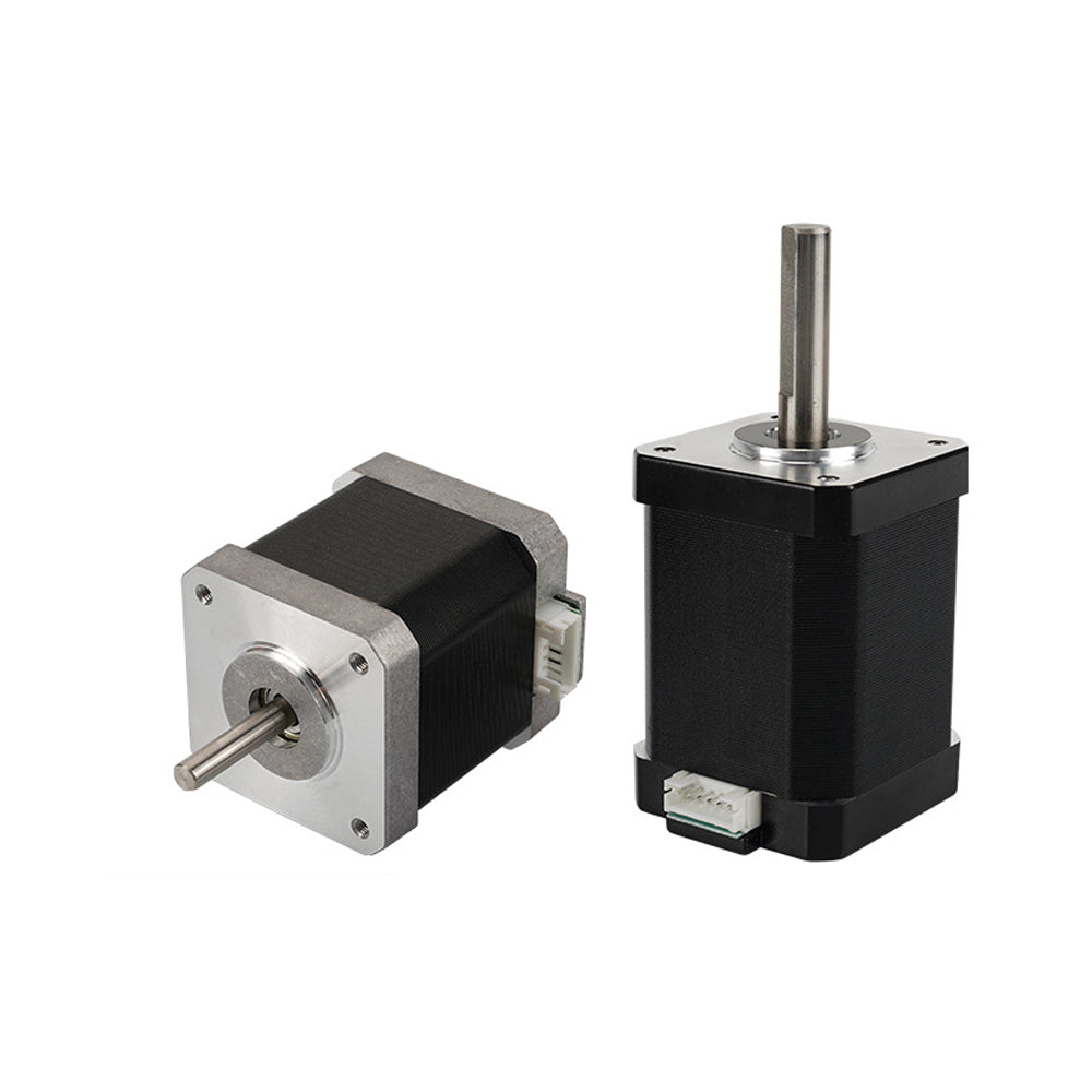 Two 42 Stepper Motors with a 60mm height and 1.8-degree step angle, in black by 3D Printing Perth - Cirrus Link, featuring protruding shafts, lie on a plain white background, perfect for enhancing your 3D printing projects.