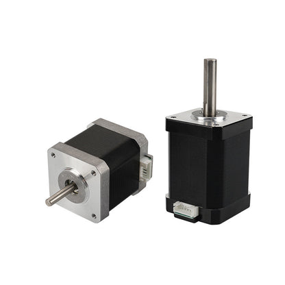 Two 42 Stepper Motors with a 60mm height and 1.8-degree step angle, in black by 3D Printing Perth - Cirrus Link, featuring protruding shafts, lie on a plain white background, perfect for enhancing your 3D printing projects.