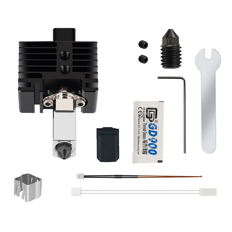 The Bambu Lab X1C P1P Extruder V2.0 Upgrade comes with a heat sink, heater block, hardened steel nozzle, thermal paste, wrench, Allen key, connectors, and screws. This complete hotend kit by 3D Printing Perth - Cirrus Link is perfect for upgrading your extruder and enhancing your 3D printing experience.