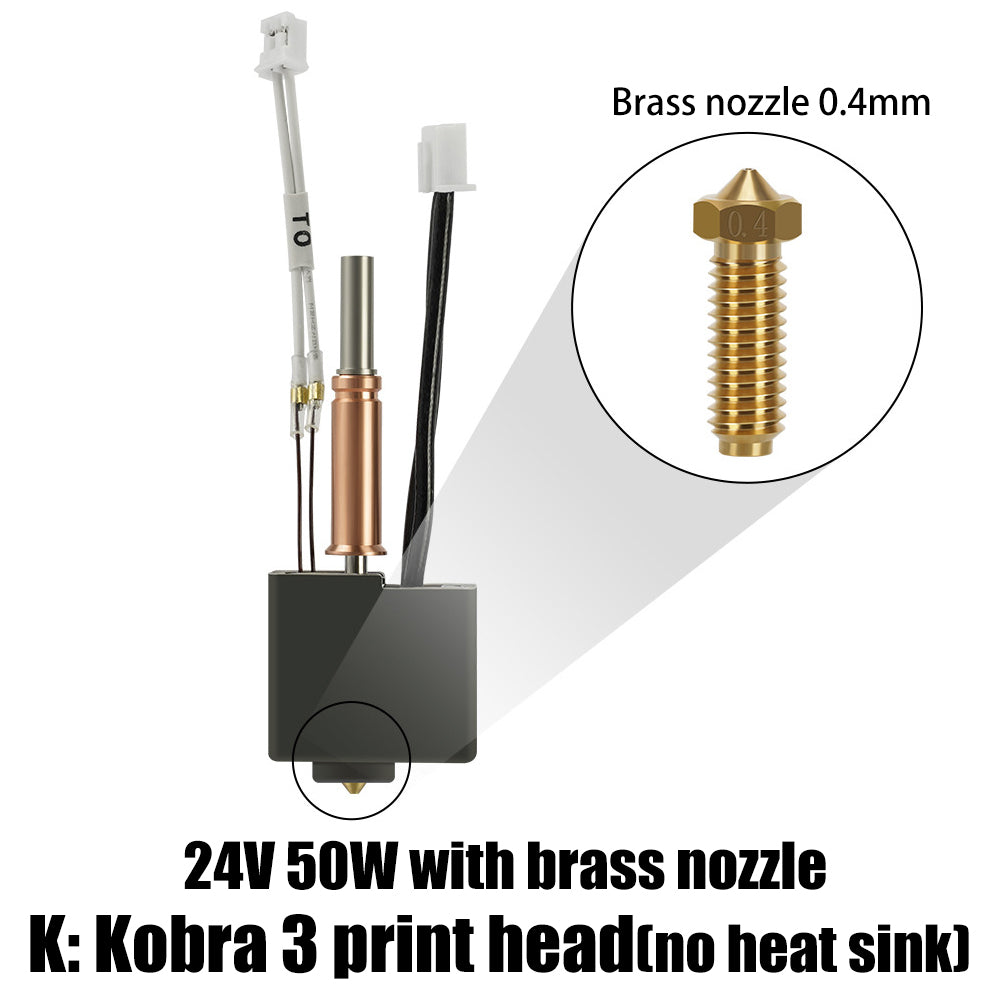 Diagram illustrating the 3D Printing Perth - Cirrus Link Anycubic Kobra 3 nozzle, featuring a 24V 50W setup with a refined 0.4mm brass nozzle and no heat sink.