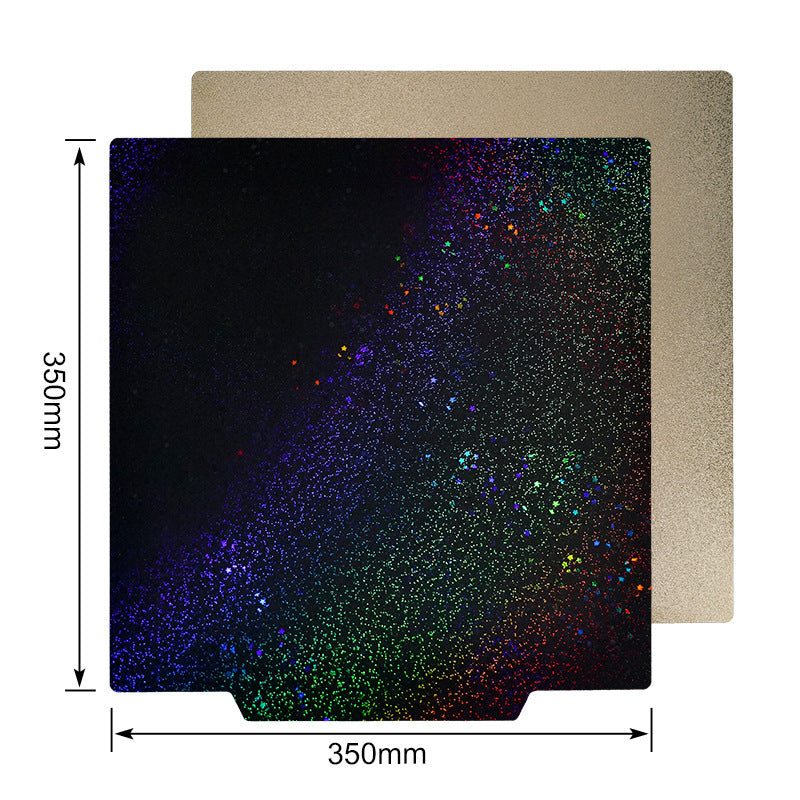 The 3D Printing Perth - Cirrus Link Dual-Sided PEI/PEY Build Plate Reflective Finish (No Magnet Base) is a 350mm x 350mm square heated bed plate with a black multicolored speckled front and gold metallic back, shown with dimension indicators.