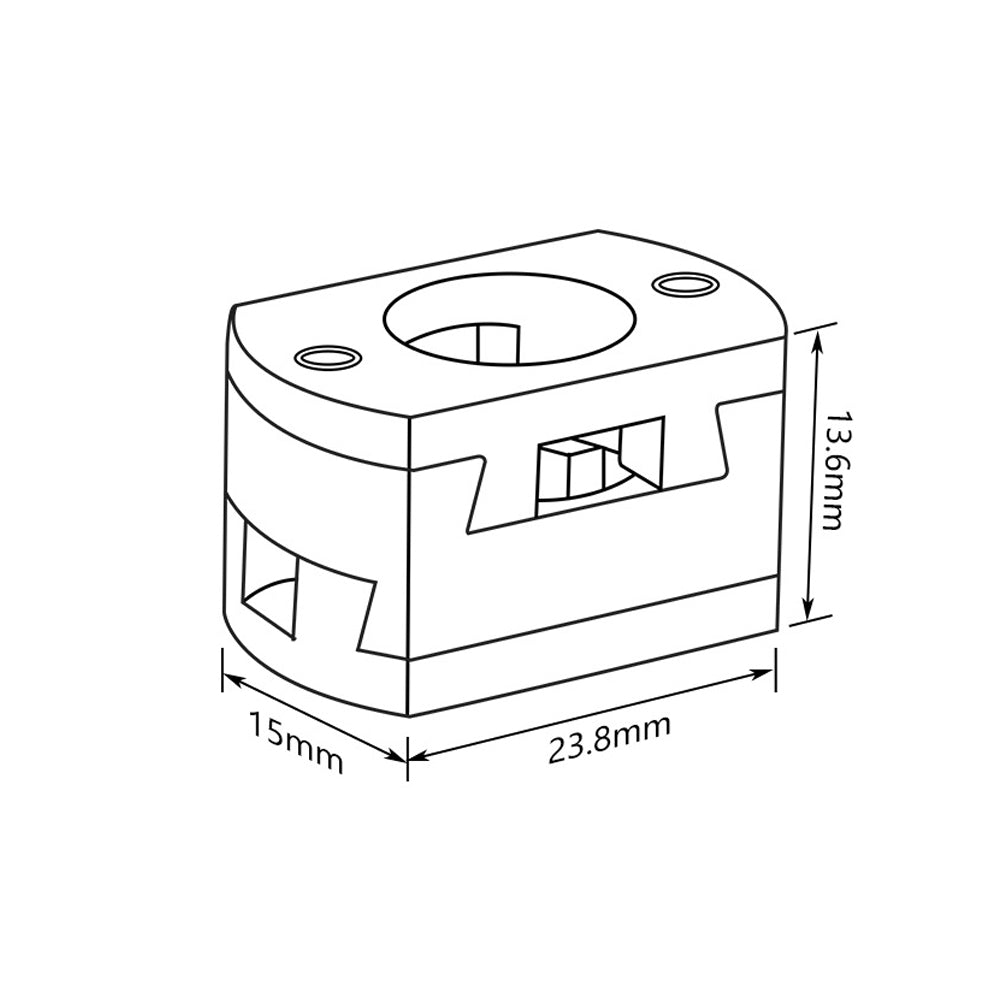 Technical line drawing of the Oldham Coupler T8 Z Axis Screw Upgrade (15mm width, 23.8mm length, 13.6mm height) by 3D Printing Perth - Cirrus Link—ideal for BLV Ender 3 Creality printers. Central circular opening shown.