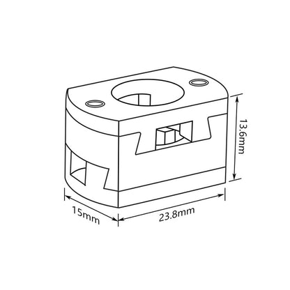 Technical line drawing of the Oldham Coupler T8 Z Axis Screw Upgrade (15mm width, 23.8mm length, 13.6mm height) by 3D Printing Perth - Cirrus Link—ideal for BLV Ender 3 Creality printers. Central circular opening shown.