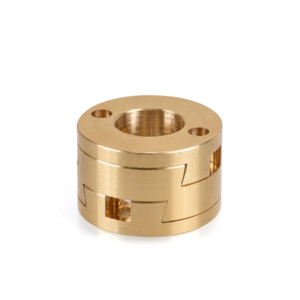 The 3D Printing Perth - Cirrus Link Oldham Coupler and T8 Z-Axis Screw Upgrade features a cylindrical brass design with central and side holes, interlocking grooves, and top surface openings—perfect for Ender 3 BLV correction.