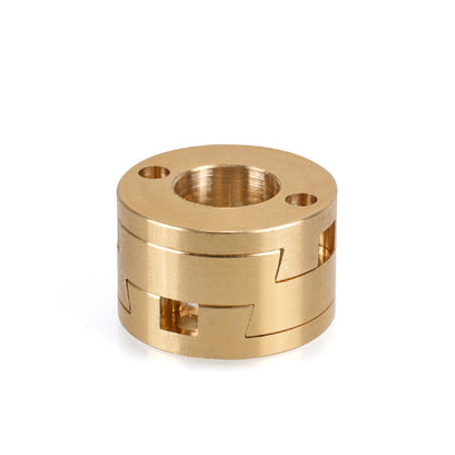The 3D Printing Perth - Cirrus Link Oldham Coupler and T8 Z-Axis Screw Upgrade features a cylindrical brass design with central and side holes, interlocking grooves, and top surface openings—perfect for Ender 3 BLV correction.